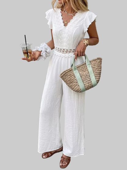 Lace Trim Wide Leg Jumpsuit Off-white / S Jumpsuits & Rompers The Nichole Collection - Official Site