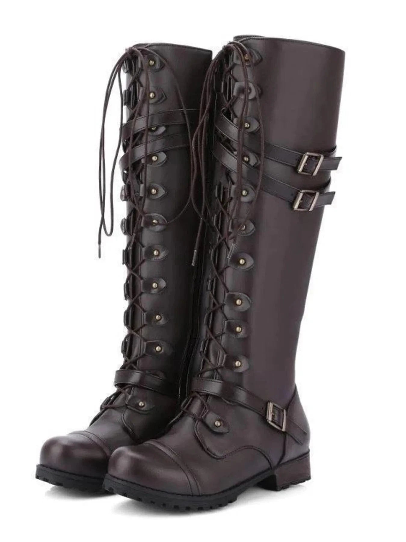 Lace-Up Boots with Buckle Straps Dark Brown / 35 The Nichole Collection