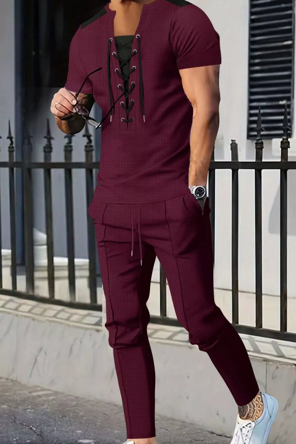 Lace-Up Front Top and Pants Casual Set | The Nichole Collection