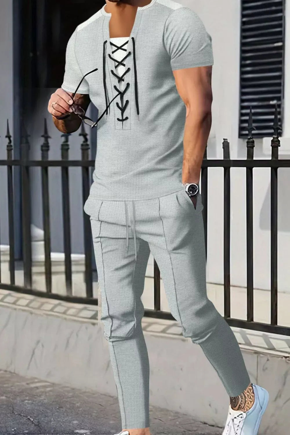 Lace-Up Front Top and Pants Casual Set | The Nichole Collection