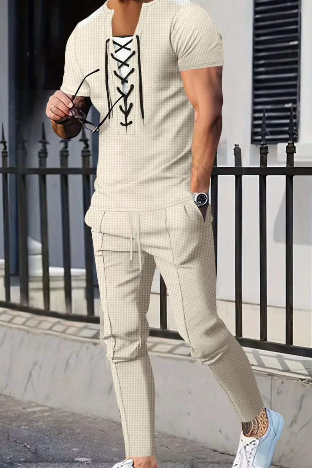 Lace-Up Front Top and Pants Casual Set | The Nichole Collection