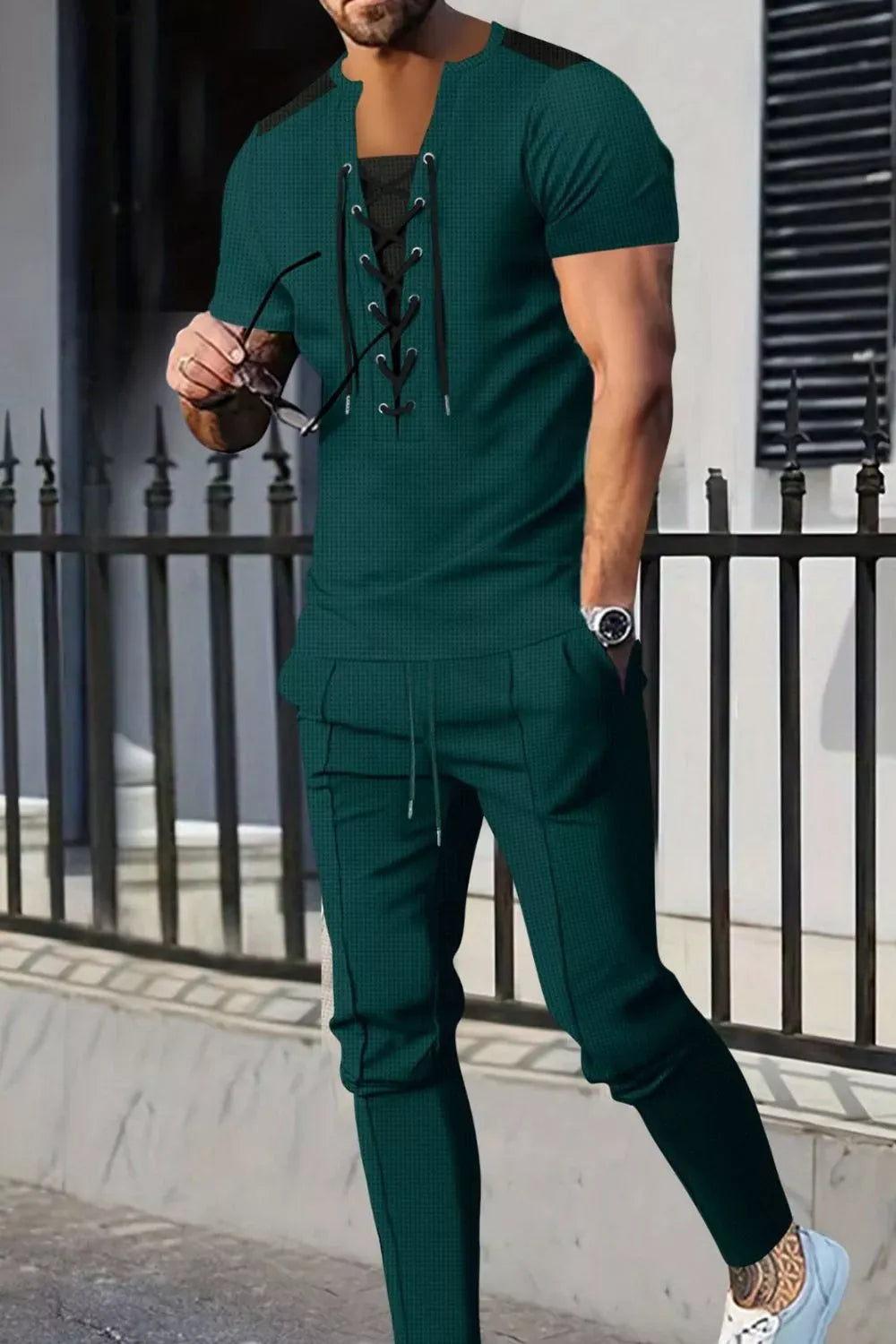 Lace-Up Front Top and Pants Casual Set | The Nichole Collection