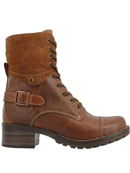 Lace-Up Leather Block Heel Boots Brown / 35(US4) The Nichole Collection