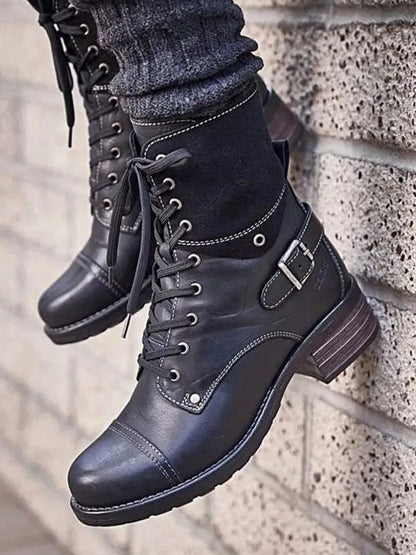 Lace-Up Leather Block Heel Boots Black / 35(US4) The Nichole Collection