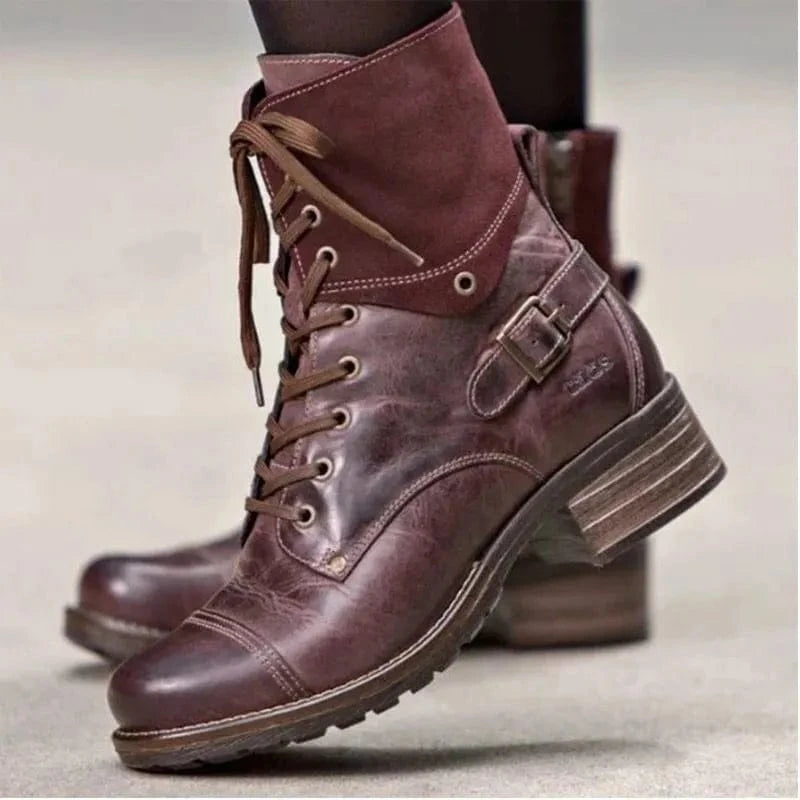Lace-Up Leather Block Heel Boots Burgundy / 35(US4) The Nichole Collection