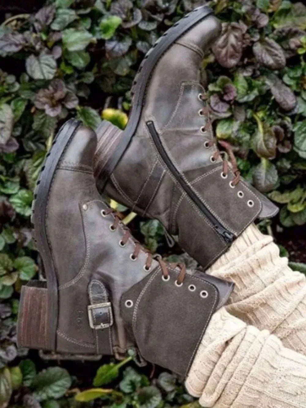 Lace-Up Leather Block Heel Boots Chocolate / 35(US4) The Nichole Collection