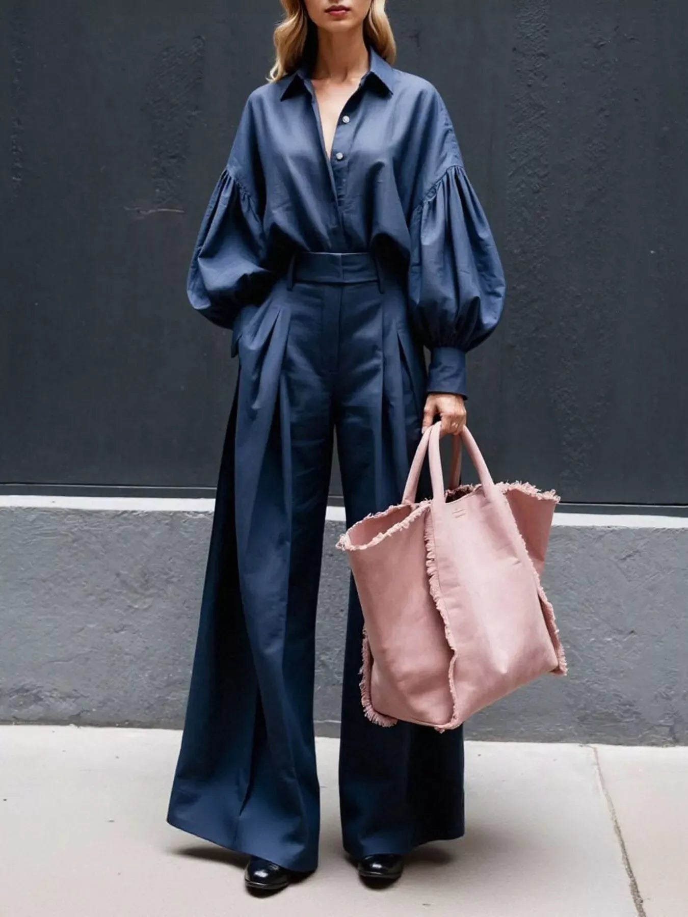 Lantern Sleeve Shirt and Wide Leg Pants Set Women's Sets Blue / S The Nichole Collection