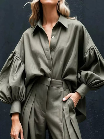 Lantern Sleeve Shirt and Wide Leg Pants Set Women's Sets Army Green / S The Nichole Collection