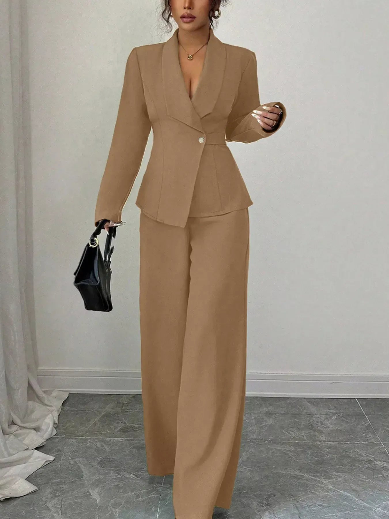 Lapel Collar Blazer & Wide Leg Pants Set Women's Sets Camel / S The Nichole Collection