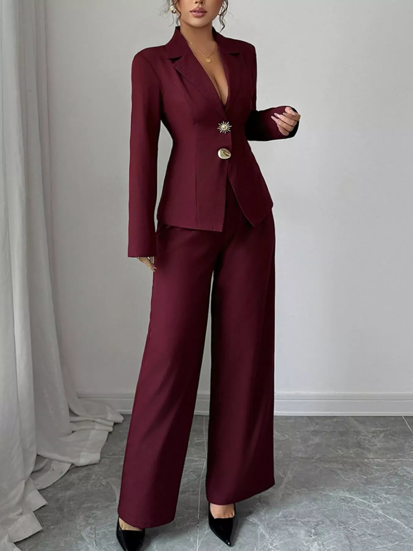 Lapel Collar Blazer & Wide Leg Pants Set Women's Sets The Nichole Collection
