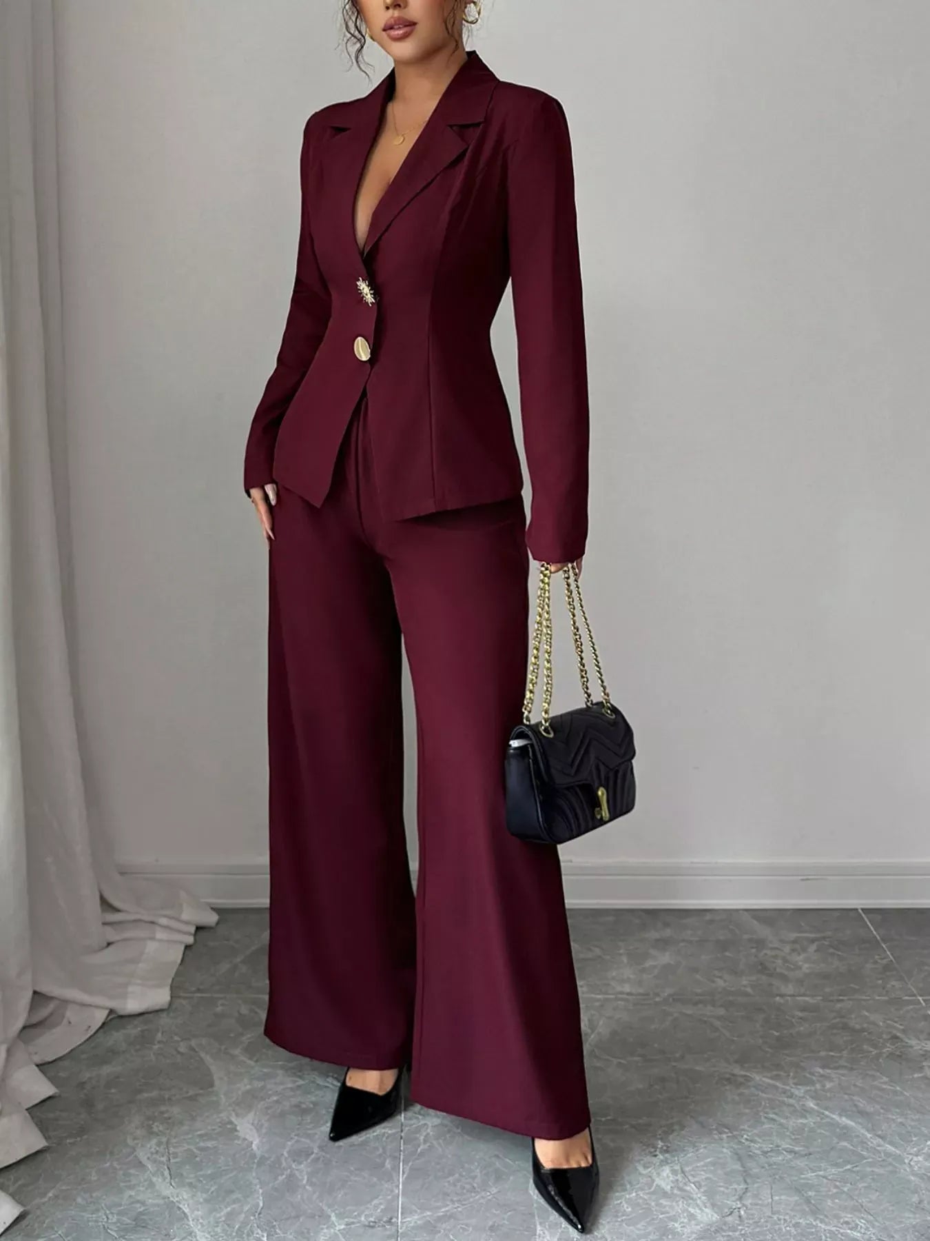 Lapel Collar Blazer & Wide Leg Pants Set Women's Sets The Nichole Collection