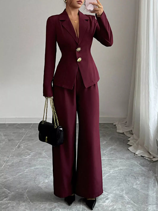 Lapel Collar Blazer & Wide Leg Pants Set Women's Sets Burgundy / S The Nichole Collection