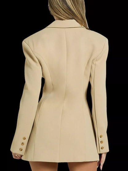 Lapel Collar Fitted Blazer Dress - Khaki / S