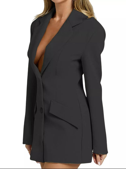 Lapel Collar Fitted Blazer Dress - Khaki / S