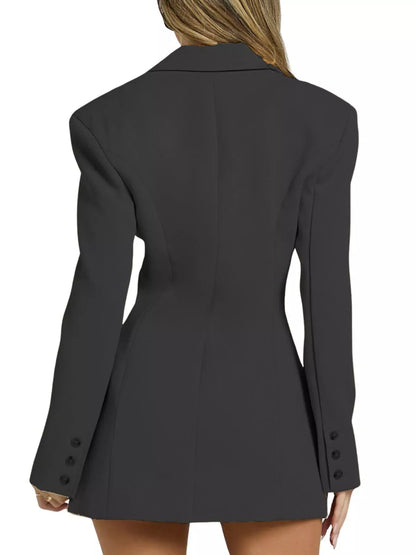 Lapel Collar Fitted Blazer Dress - Khaki / S