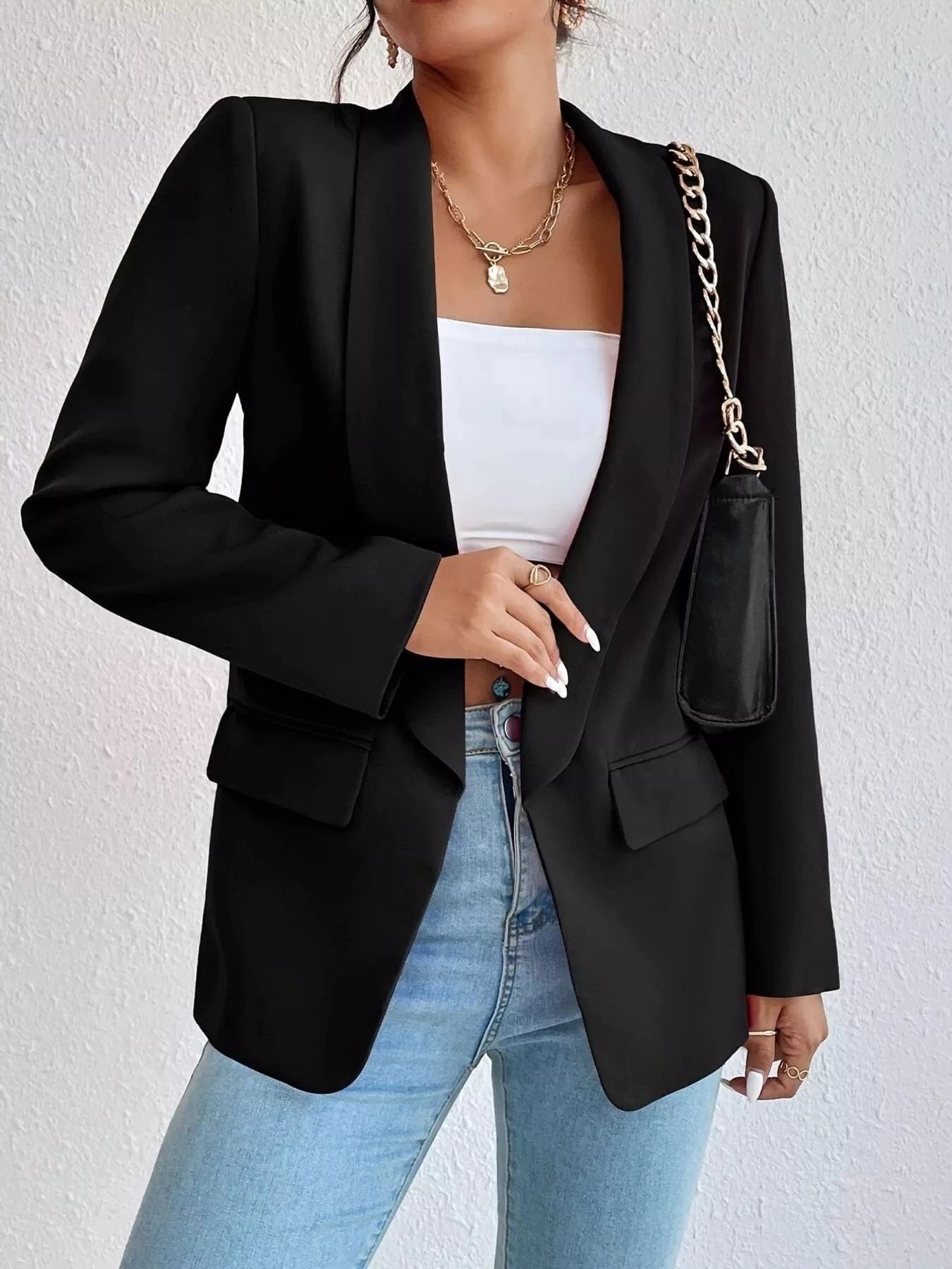 Lapel Collar Long Sleeve Blazer Black / S The Nichole Collection
