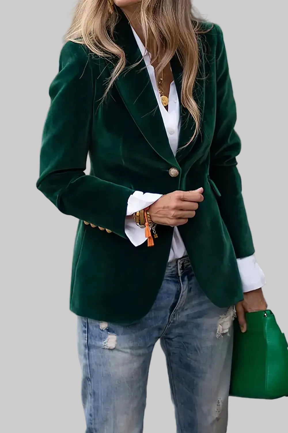 Lapel Collar One Button Blazer Dark Green / S The Nichole Collection