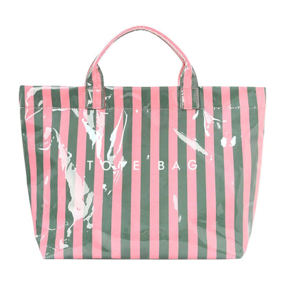 Large Letter Print Paper Tote Bag - Work & Travel Striped Green Pink The Nichole Collection - Official Site