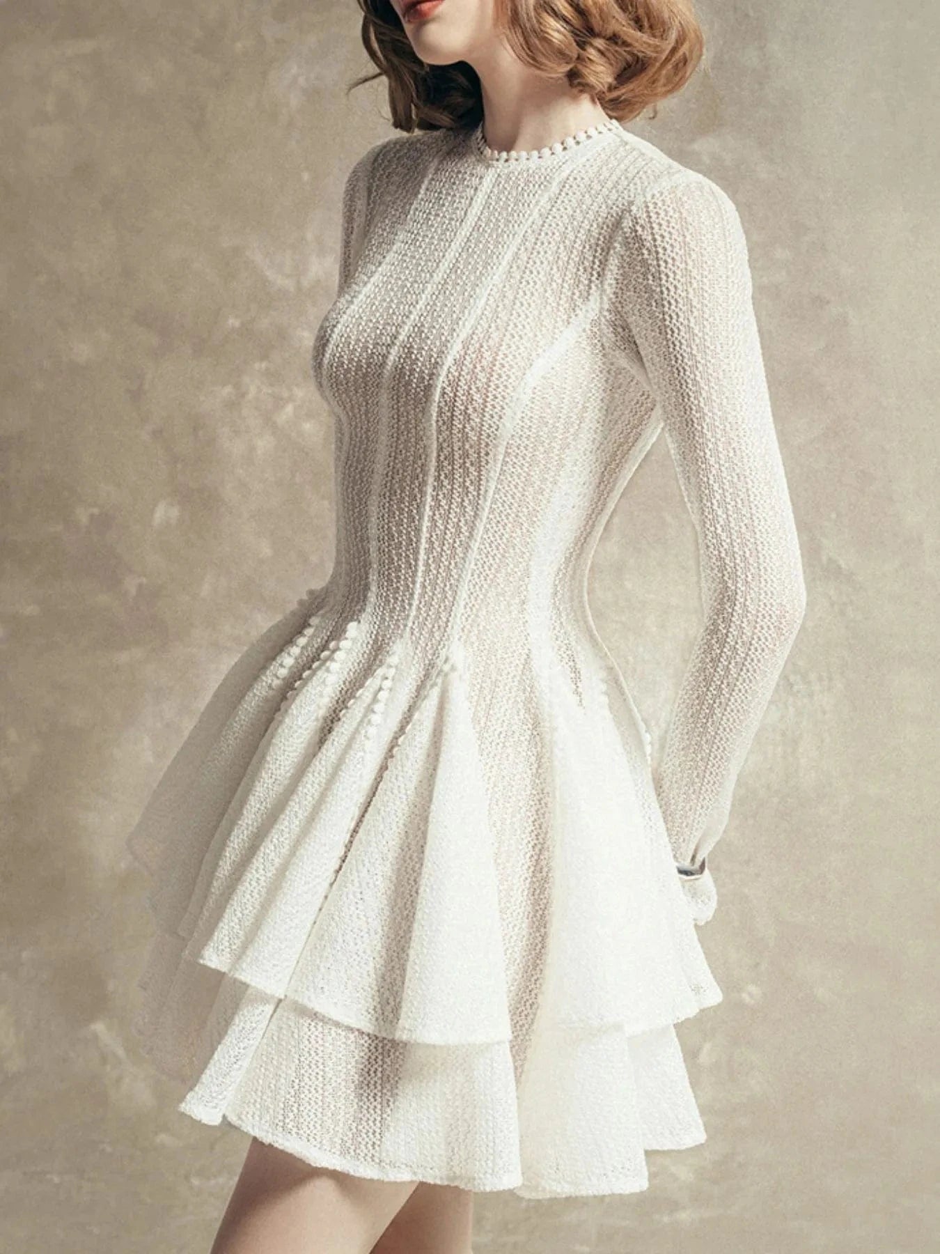 Layered Round Neck Long Sleeve Dress Dresses White / S The Nichole Collection