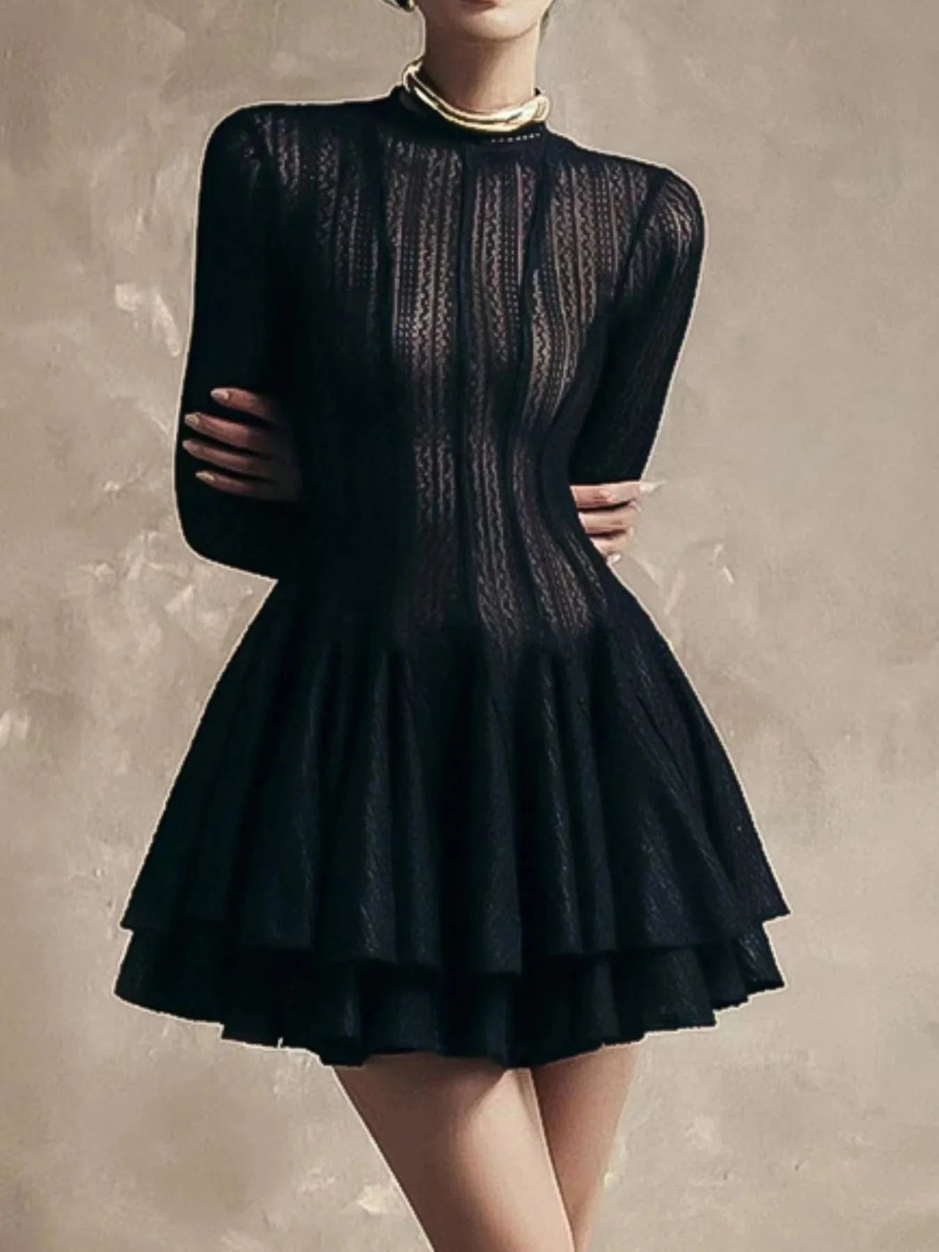 Layered Round Neck Long Sleeve Dress Dresses Black / S The Nichole Collection