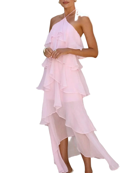 Layered Ruffled Halter Neck Dress Pink / S Dresses The Nichole Collection - Official Site