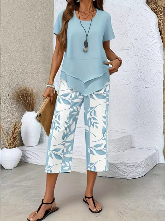 Layered Top and Leaf Print Cropped Pants Set Sky Blue / S The Nichole Collection