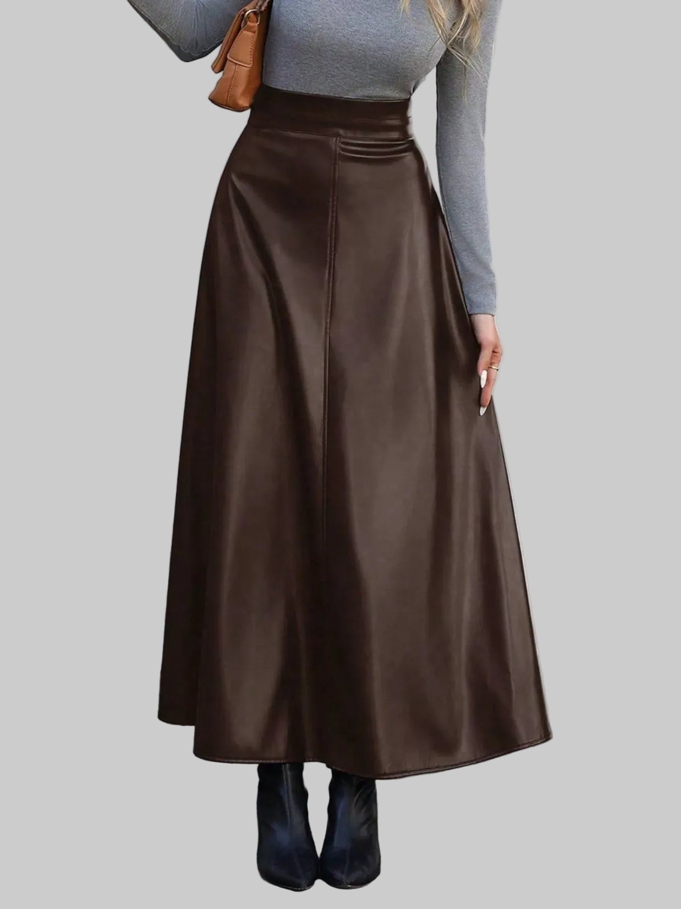 Leather A-Line Midi Skirt Brown / S The Nichole Collection