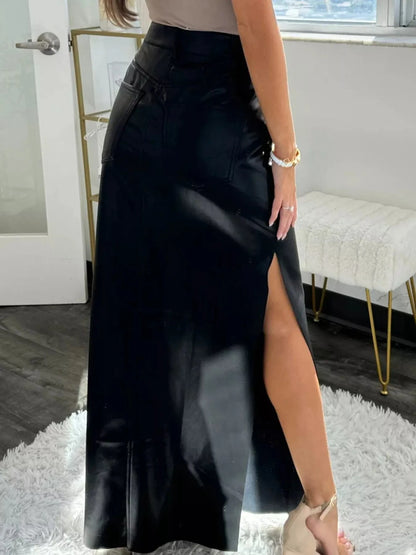 Leather High-Waist Side Slit Maxi Skirt Trendsi
