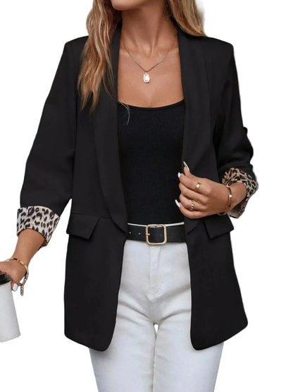 Leopard Lapel Collar Open Front Blazer - Black / S