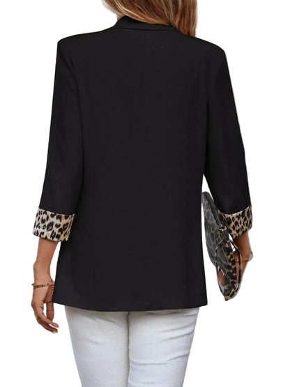 Leopard Lapel Collar Open Front Blazer - Black / S