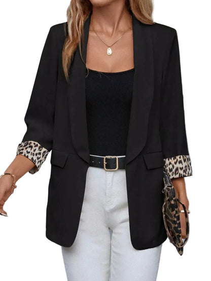 Leopard Lapel Collar Open Front Blazer - Black / S