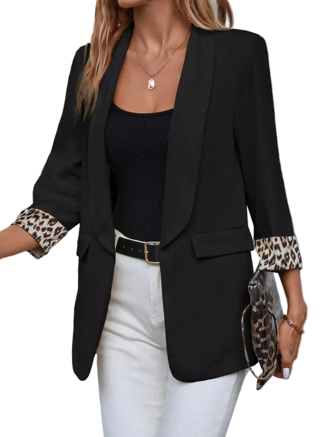 Leopard Lapel Collar Open Front Blazer - Black / S