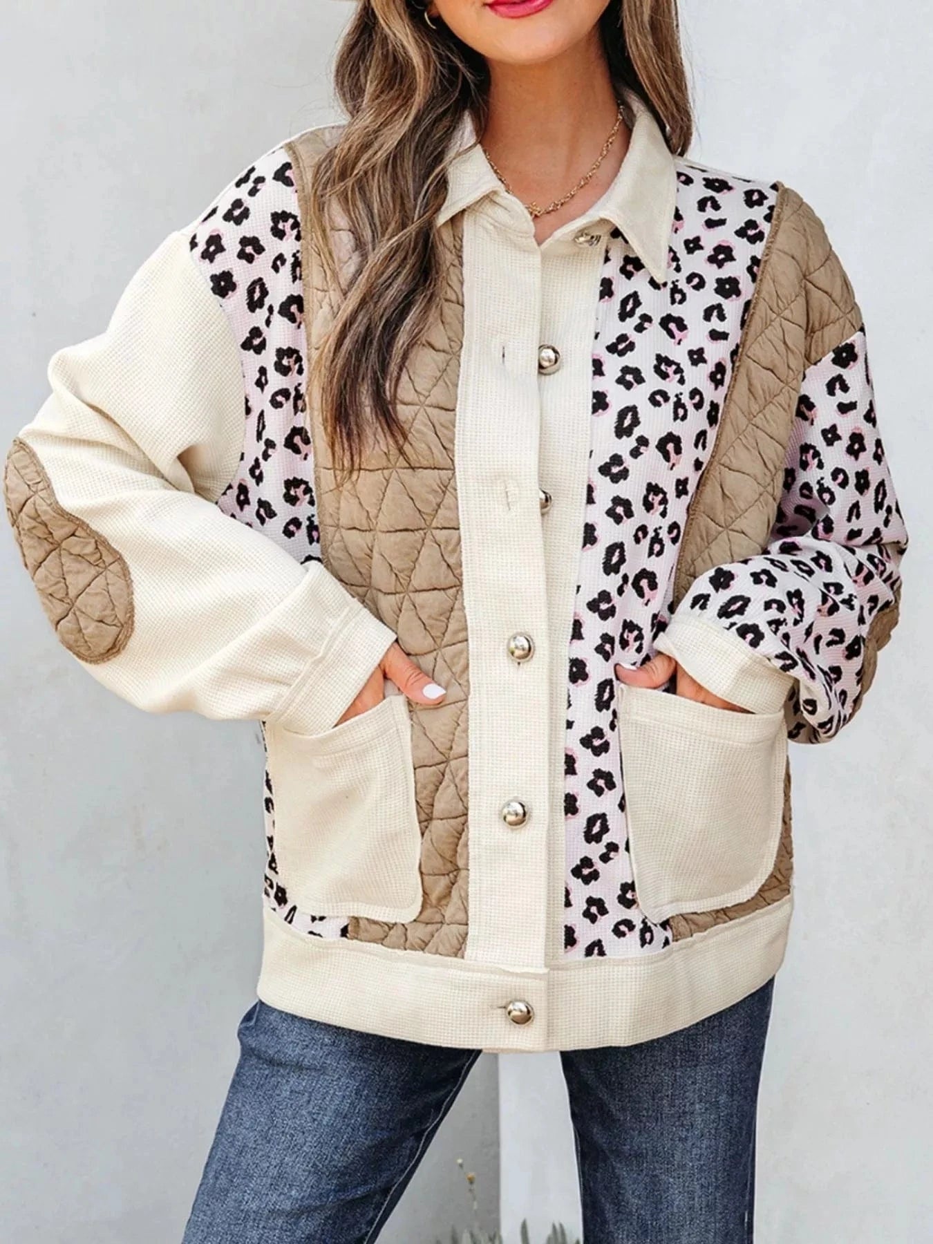 Leopard Waffle Quilted Patchwork Button Front Jacket Jackets Camel / S The Nichole Collection