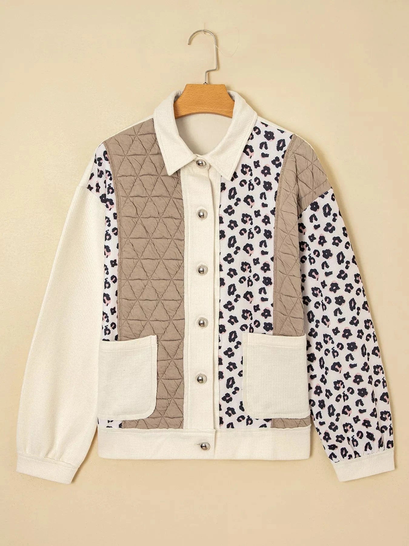 Leopard Waffle Quilted Patchwork Button Front Jacket Jackets The Nichole Collection