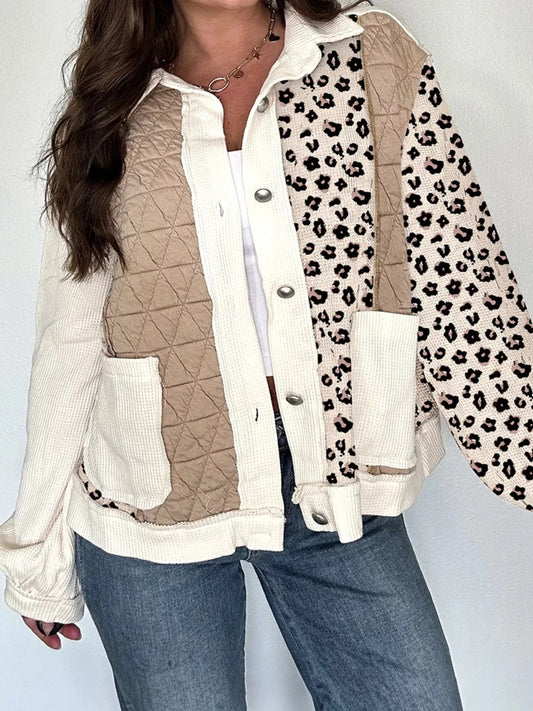 Leopard Waffle Quilted Patchwork Button Front Jacket Jackets The Nichole Collection
