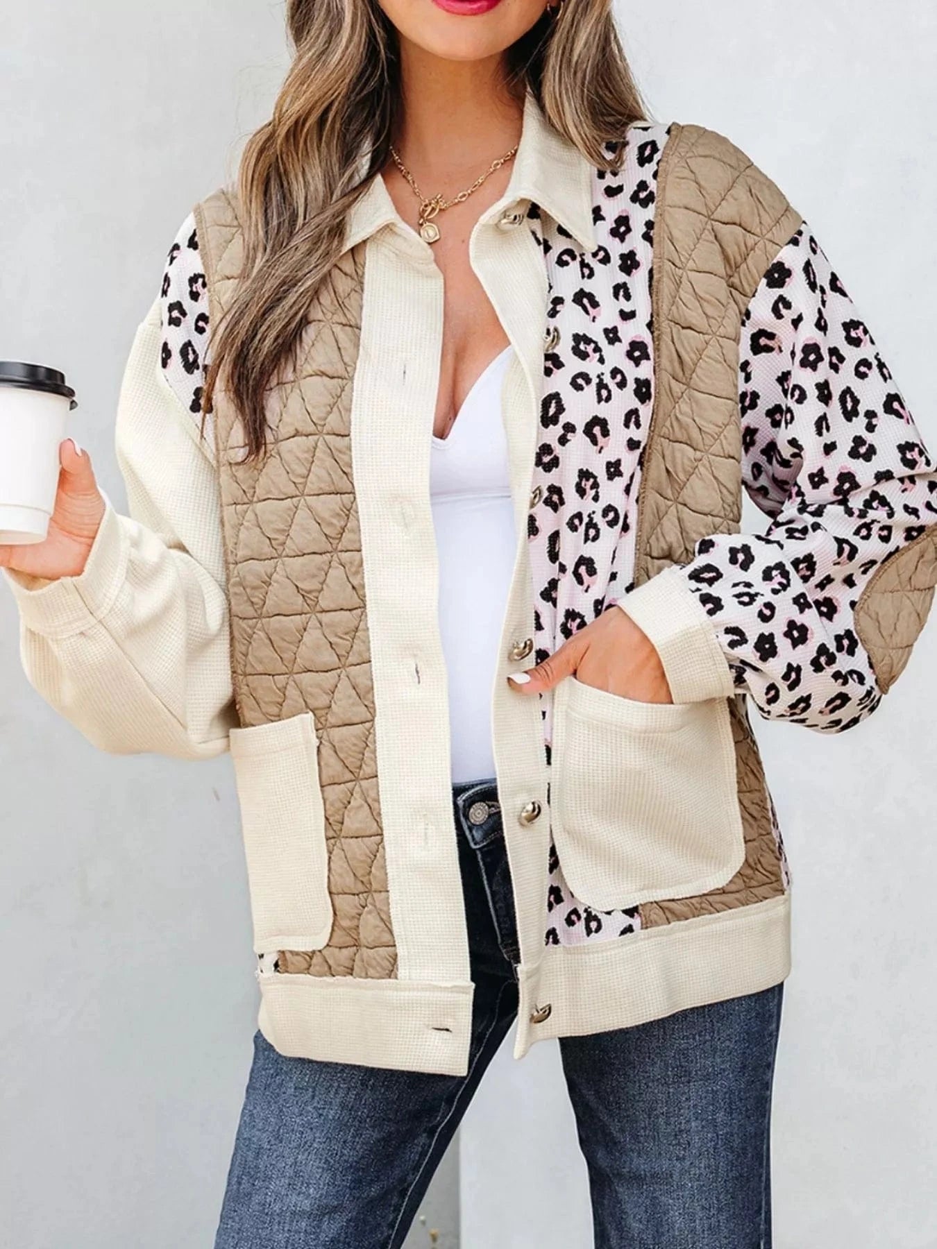 Leopard Waffle Quilted Patchwork Button Front Jacket Jackets The Nichole Collection