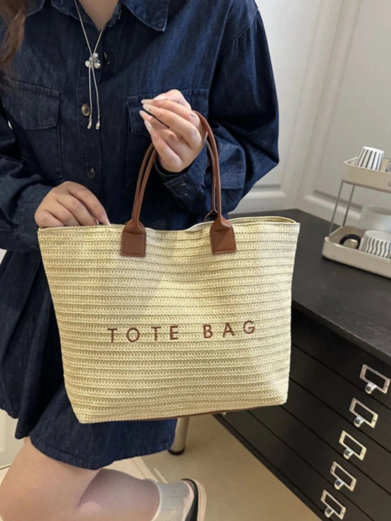 Letter Straw Woven Tote Bag The Nichole Collection