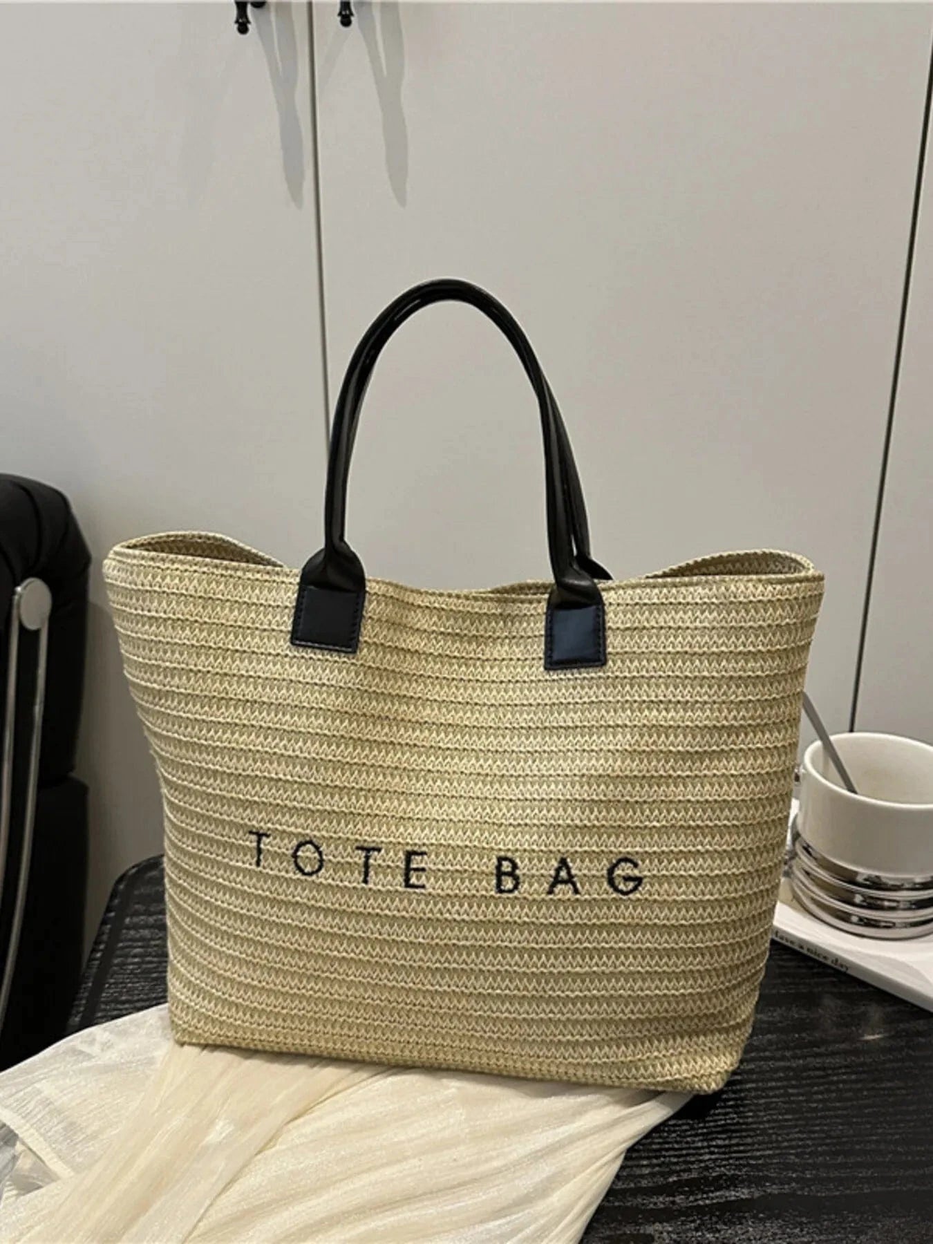 Letter Straw Woven Tote Bag Black / One Size The Nichole Collection