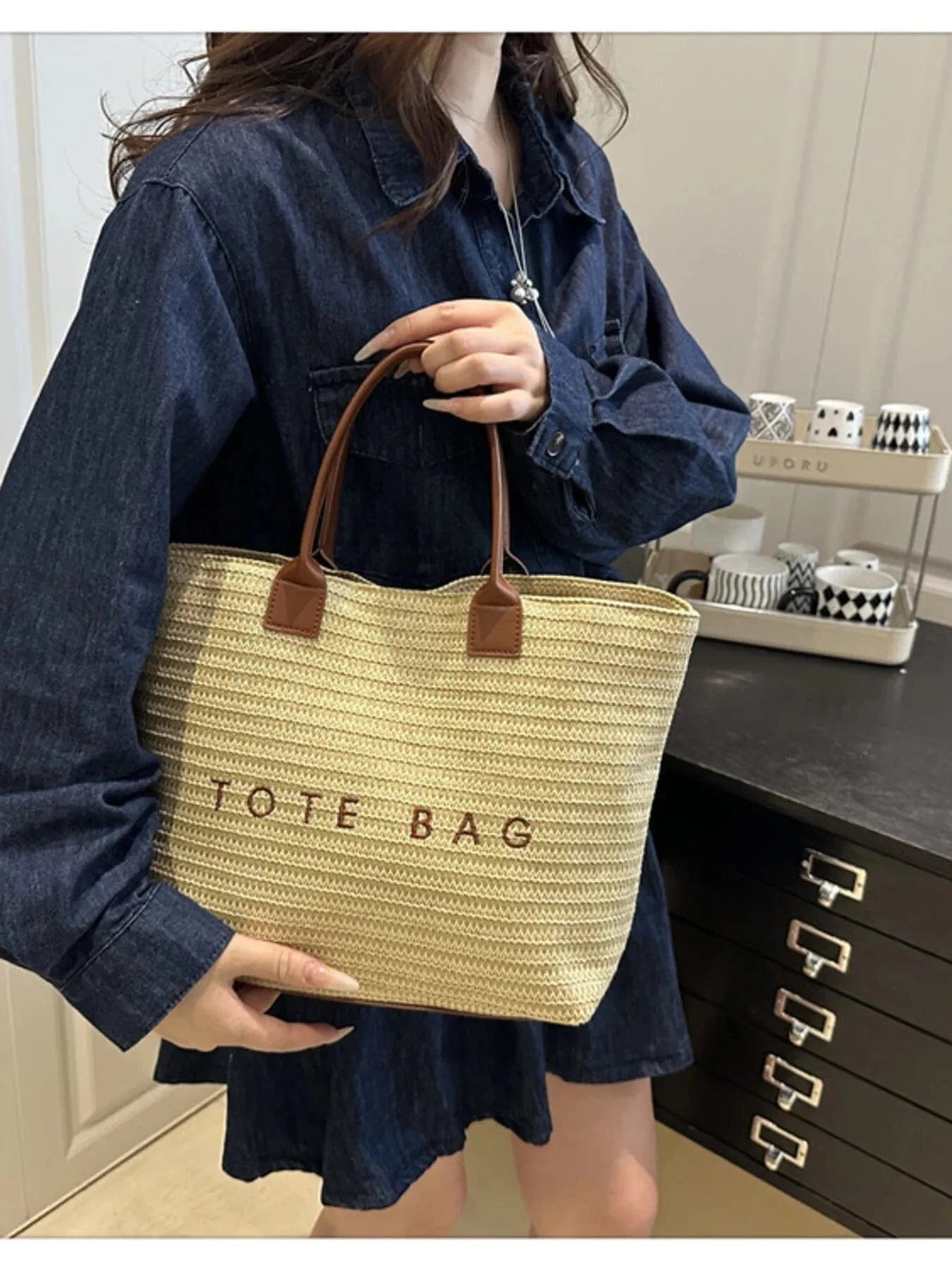 Letter Straw Woven Tote Bag Brown / One Size The Nichole Collection