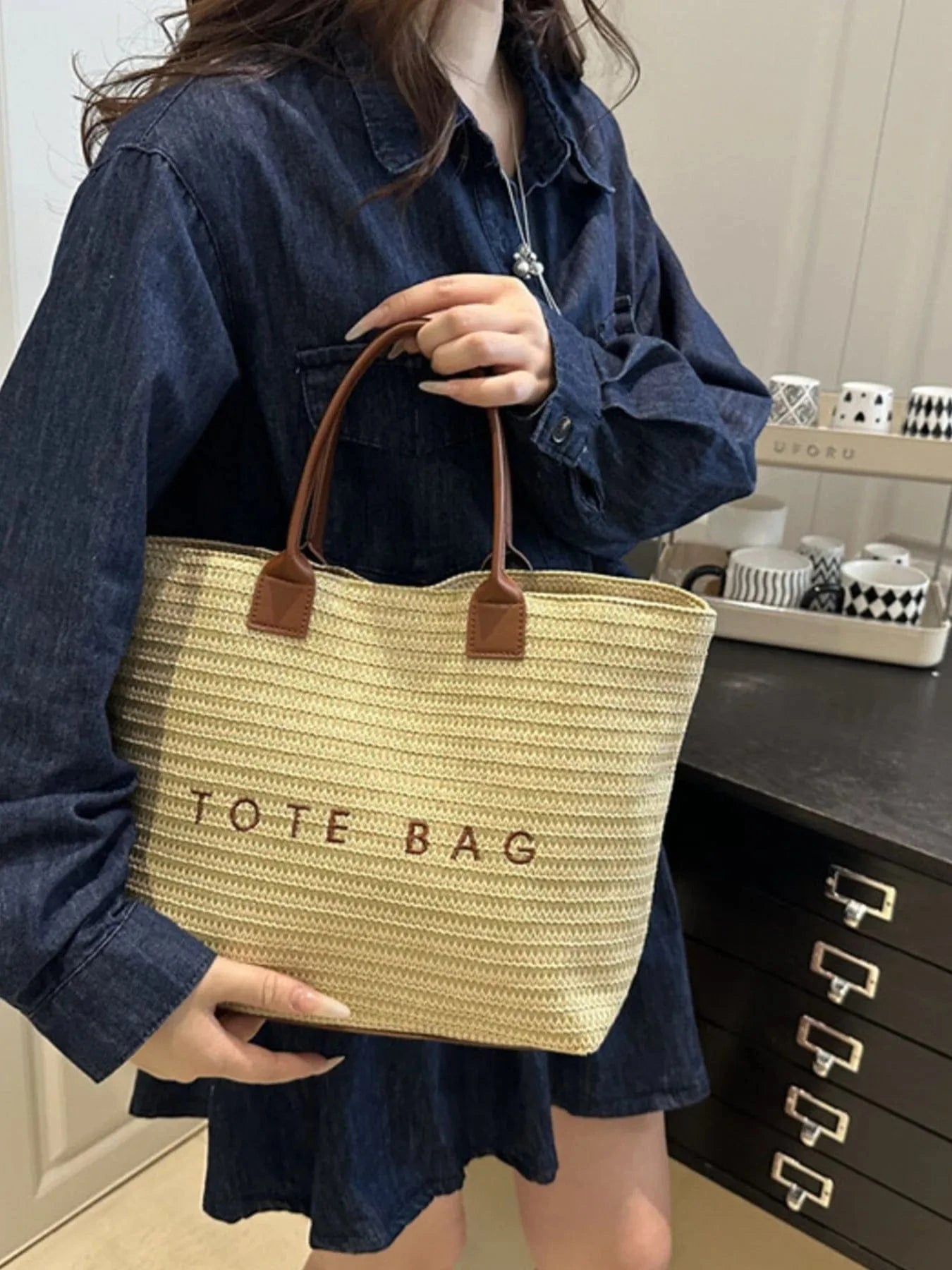 Letter Straw Woven Tote Bag The Nichole Collection