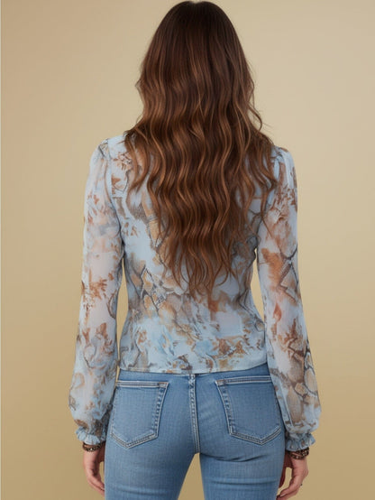 Light Blue Snake-Print Ruffled V-Neck Zip-Front Blouse Shirts & Tops The Nichole Collection - Official Site