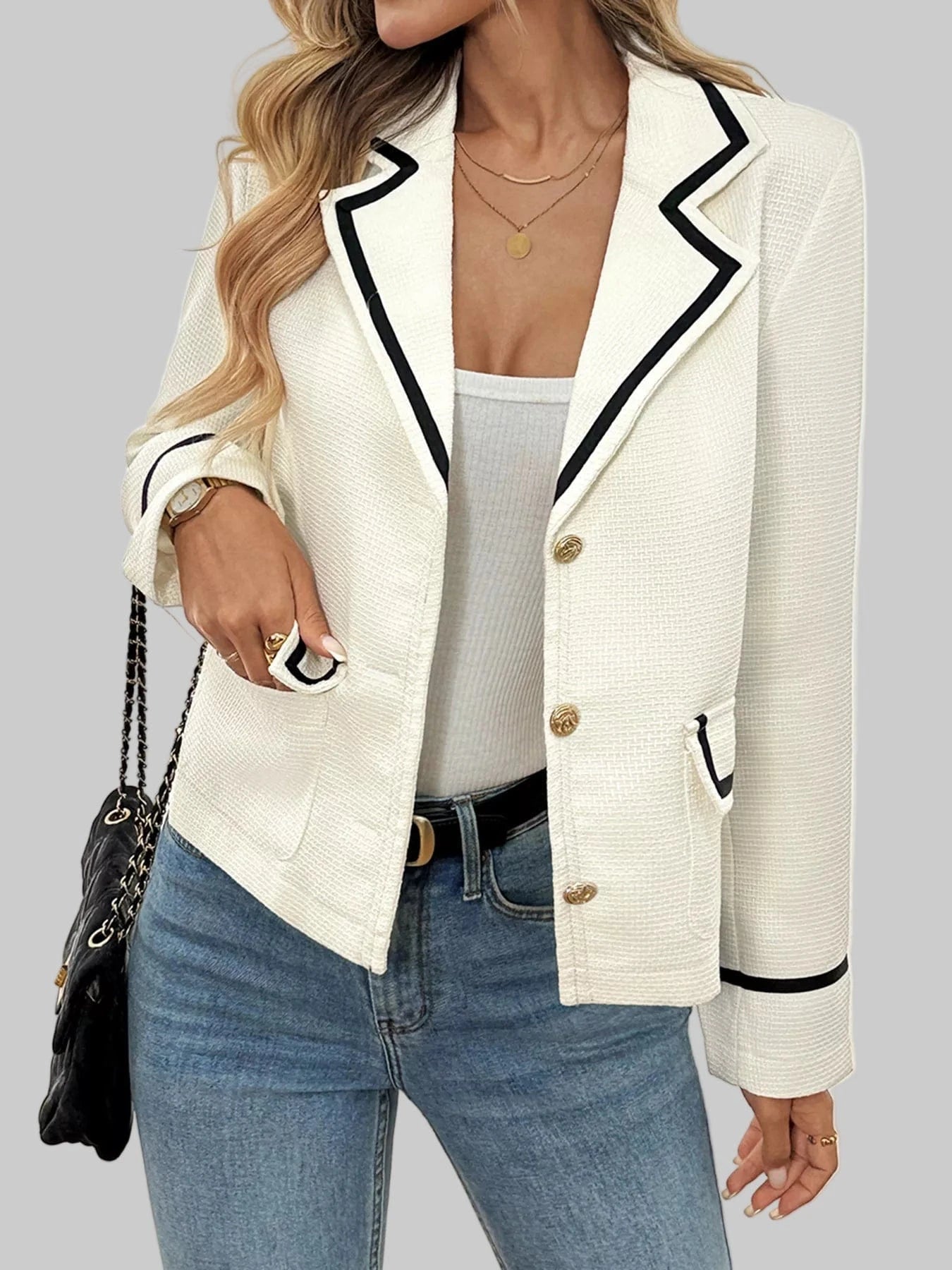 Lightweight Contrast Trim Button-Up Blazer The Nichole Collection