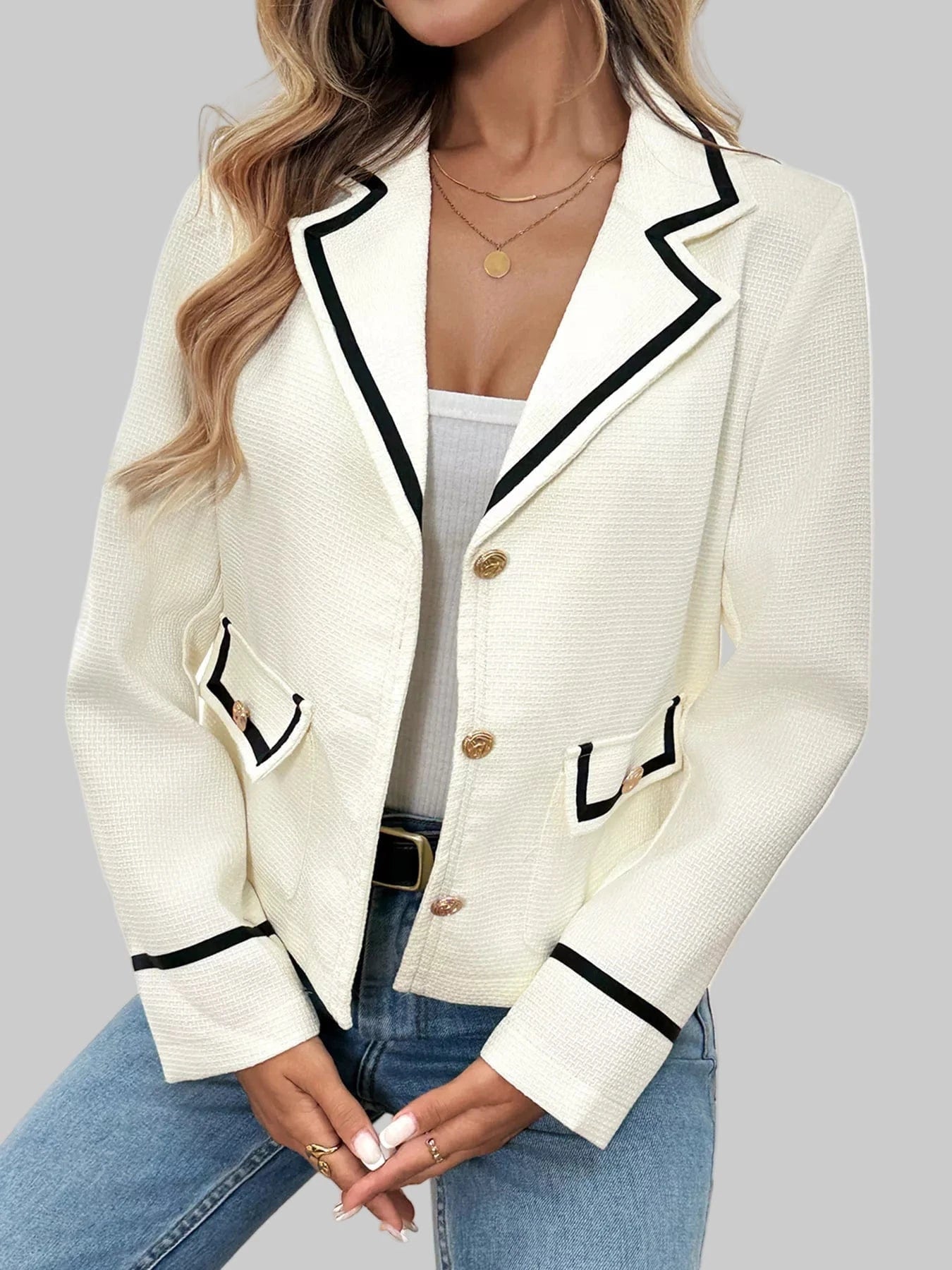 Lightweight Contrast Trim Button-Up Blazer Beige / S The Nichole Collection