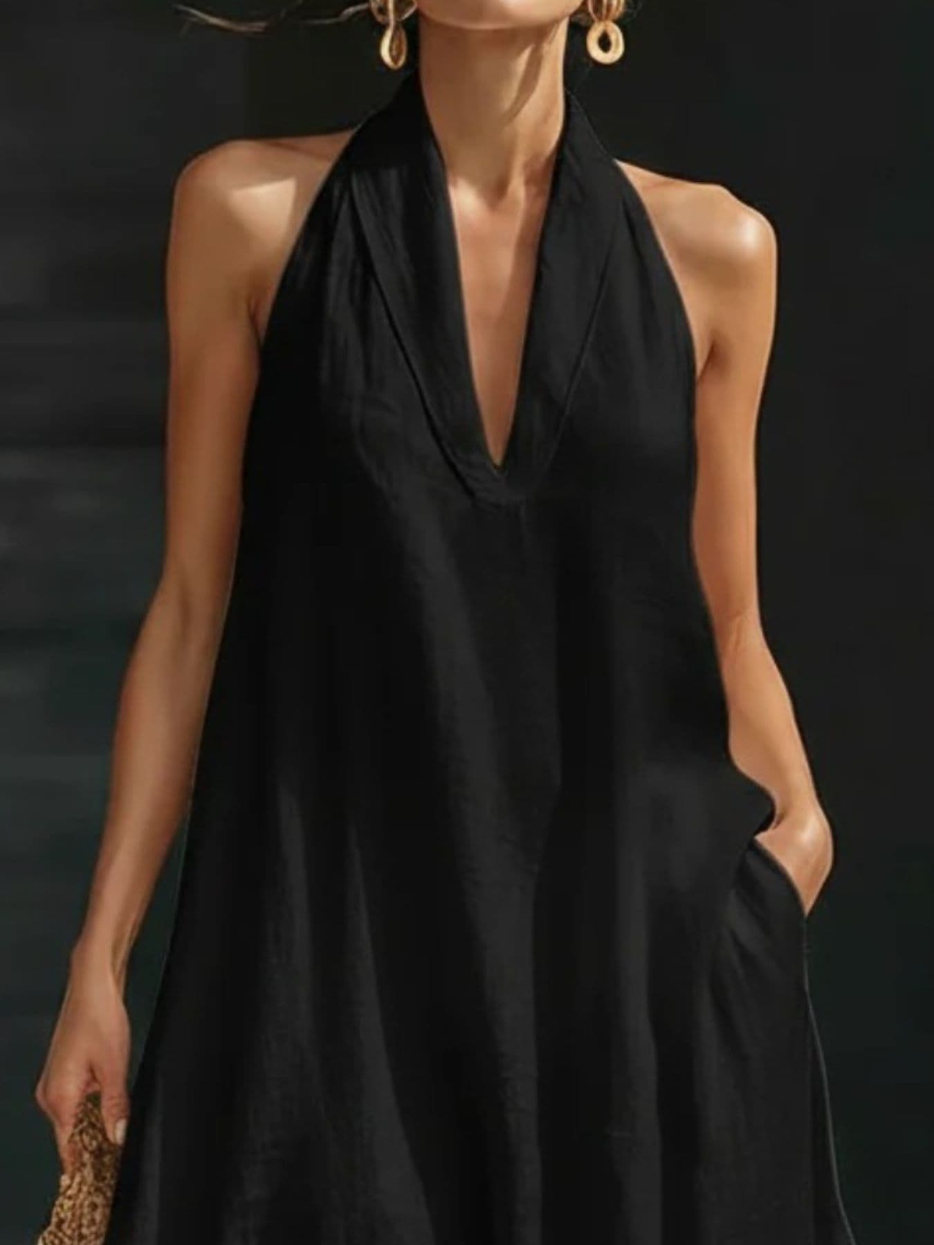 Linen Halter Neck Maxi Dress with Pockets Black / S Maxi Dresses The Nichole Collection - Official Site