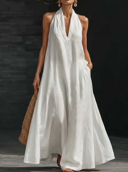 Linen Halter Neck Maxi Dress with Pockets White / S Maxi Dresses The Nichole Collection - Official Site