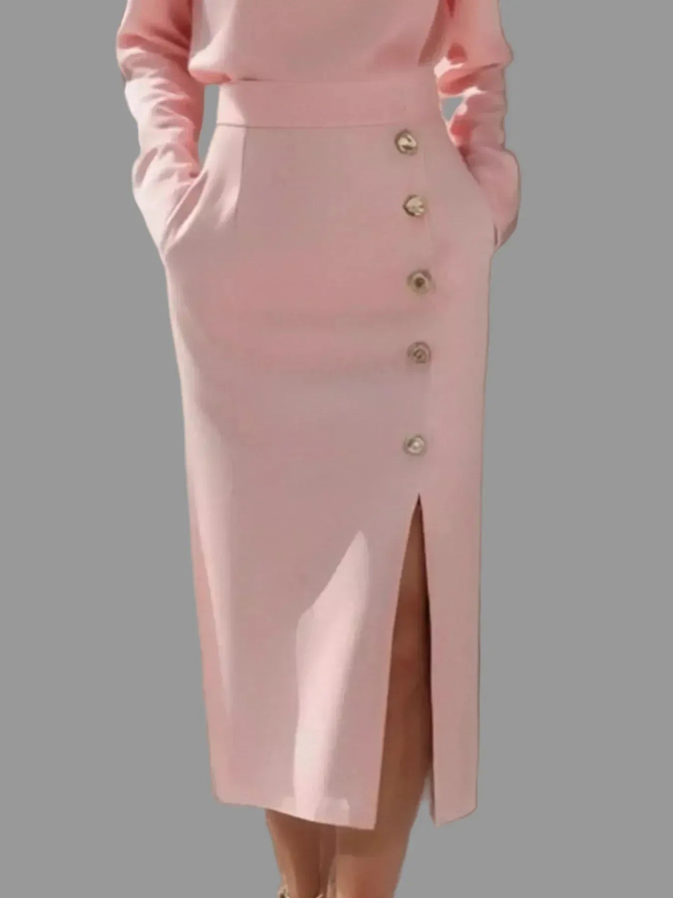 Long Sleeve Button Detail Midi Dress with Side Slit - Pink / S