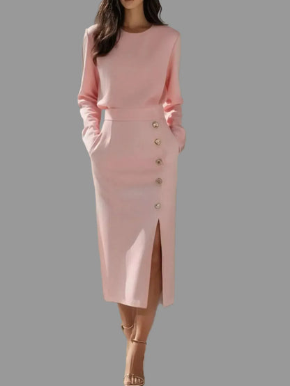 Long Sleeve Button Detail Midi Dress with Side Slit - Pink / S