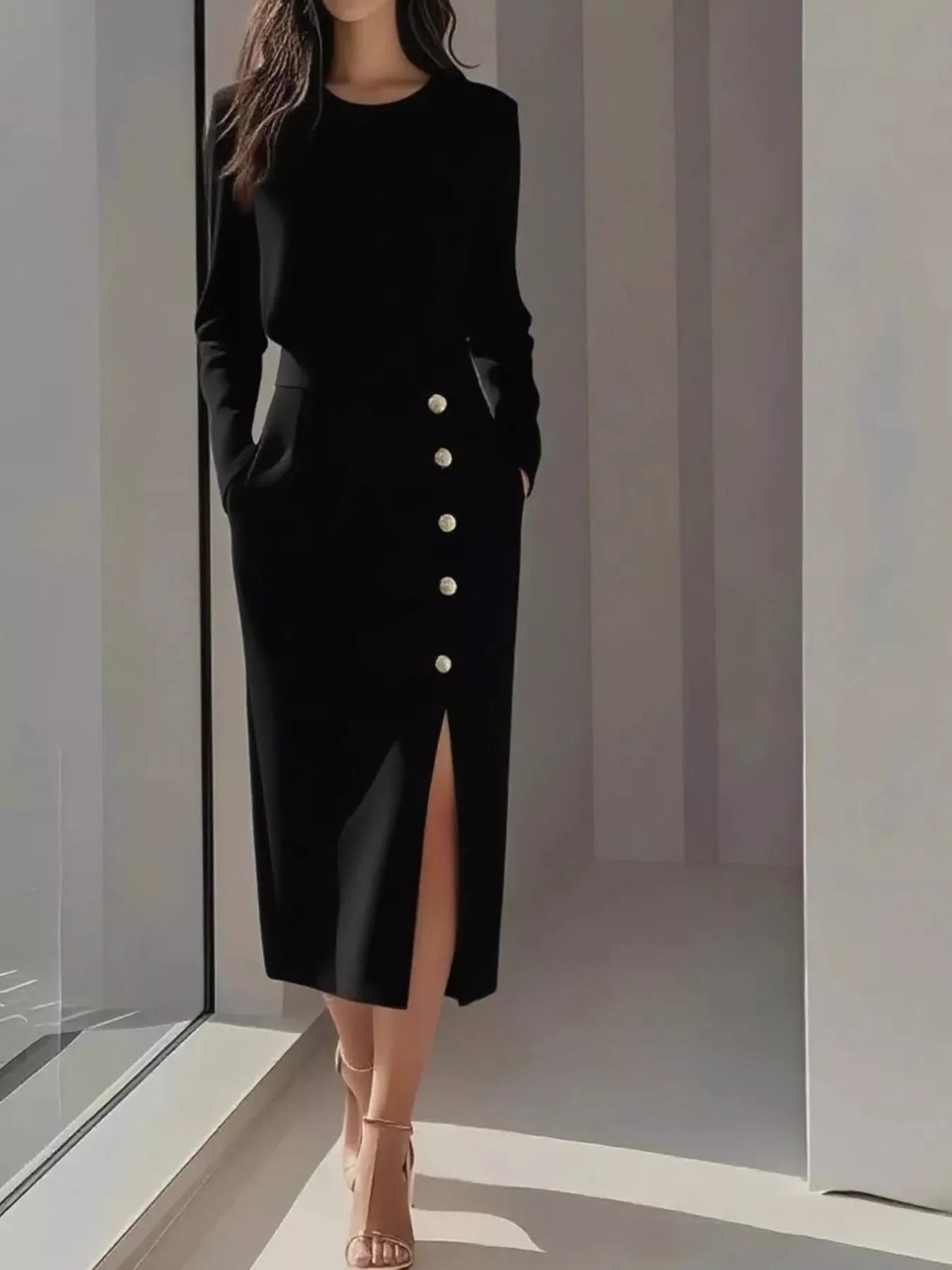 Long Sleeve Button Detail Midi Dress with Side Slit - Black / S