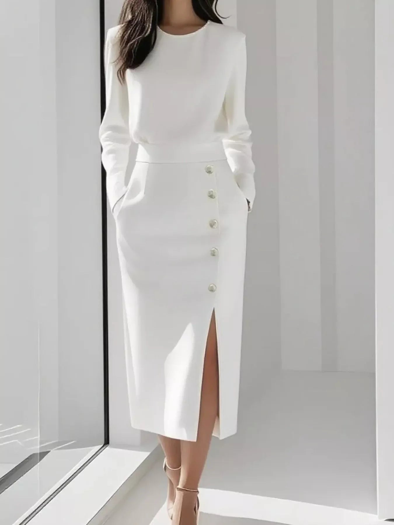 Long Sleeve Button Detail Midi Dress with Side Slit - White / S