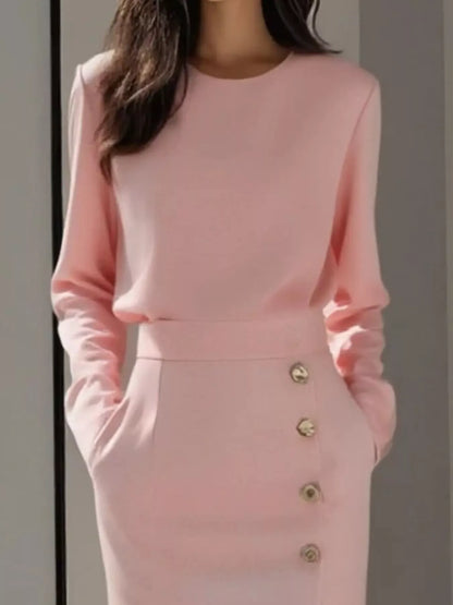 Long Sleeve Button Detail Midi Dress with Side Slit - Pink / S